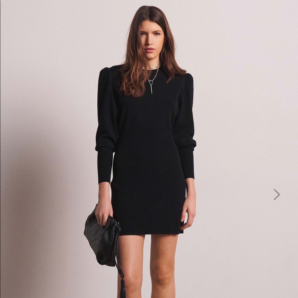 ba&sh Salome Knit Black Dress with puff sleeves